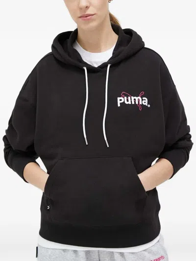 Puma Logo-embroidered Drawstring Hoodie In Black