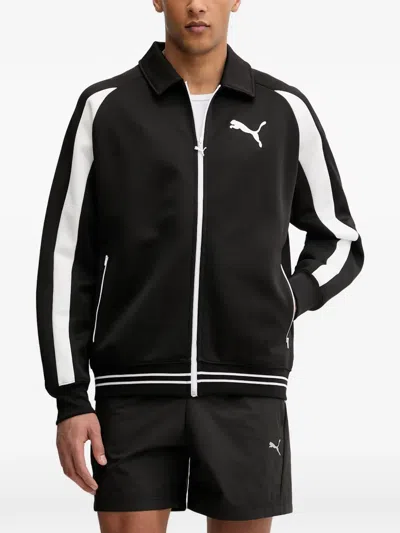 Puma Logo-print Zip-up Overshirt In Black