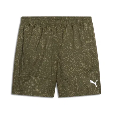 Puma Men's All Over Print Running Shorts In Dark Olive-aop