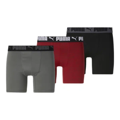 Puma Men's Athletic Boxer Briefs 3 Pack In Red / Grey