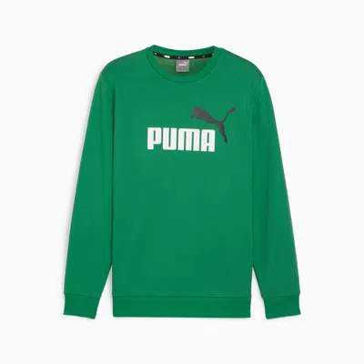 Puma Men's Essentials+ Two-tone Big Logo Crew Neck Sweater In Green