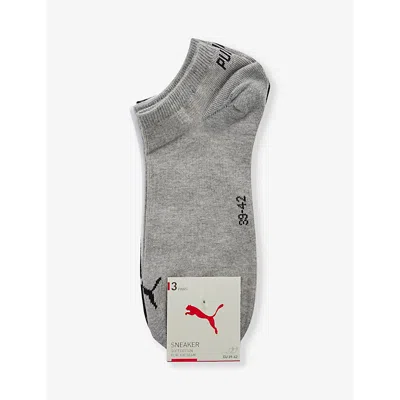 Puma Branded Ankle-length Pack Of Three Cotton-blend Socks In Grey/white/black