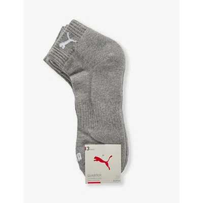 Puma Mens Middle Grey Melange Branded Ankle-length Pack Of Three Cotton-blend Socks