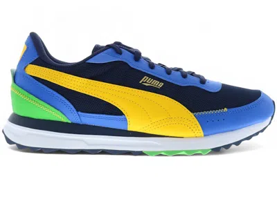 Pre-owned Puma Men's  Road Rider Lth Sneakers In Navy Blue/yellow Sizzle