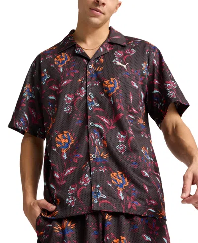 Puma Men's Relaxed-fit Floral Button-down Mesh Camp Shirt In Black