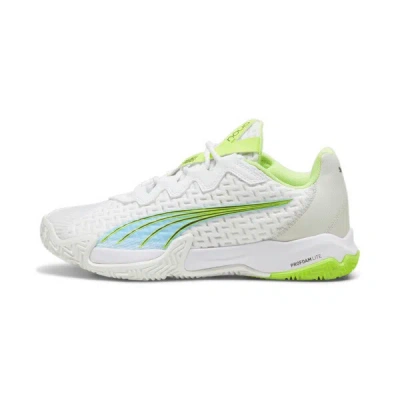 Puma Nova Elite Court Shoes In White-luminous Blue-fizzy Apple-shadow Gray