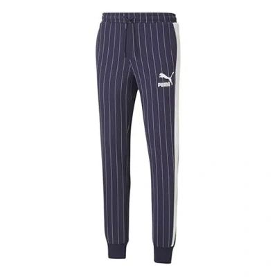 Puma Pinstripe Casual Fleece Lined Long Pants Blue In White
