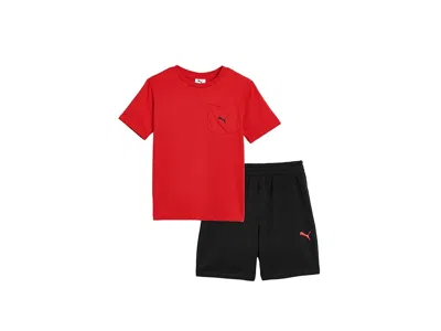 Puma Pocket T-shirt Fleece Short Set (big Kid) Boy's Sets All Time Red : Md (10-12 Big Kids), Cotton/poly In Multi