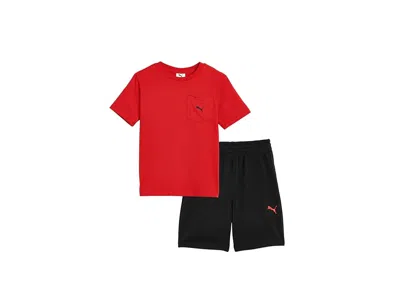 Puma Pocket T-shirt Fleece Short Set (little Kid/big Kid) Boy's Sets All Time Red : 4 Little Kids, Cotton In Multi