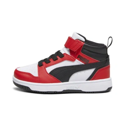 Puma Rebound V6 Mid Little Kids' Sneakers In White- Black-for All Time Red