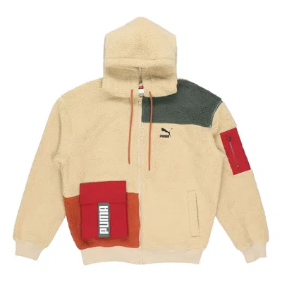 Puma Retro Block Sherpa Full-zip Hoodie 'beige Red Green' In Neutral