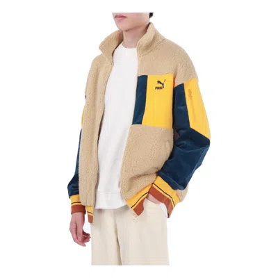 Puma Retro Sherpa Jacket Contrast Color Stitching Sports Lamb's Wool Stay Warm Logo Khaki In Neutral