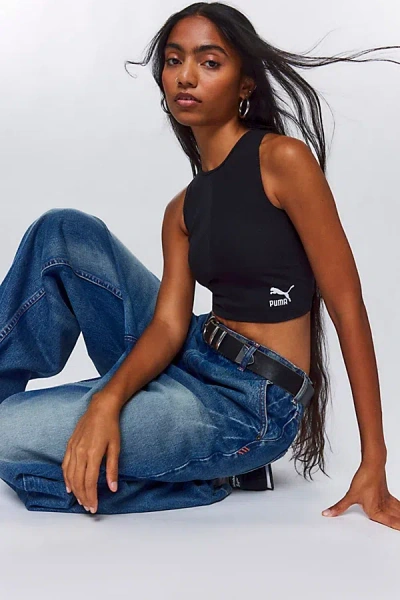 Puma Ribbed Knit Cropped Tank Top In Black, Women's At Urban Outfitters