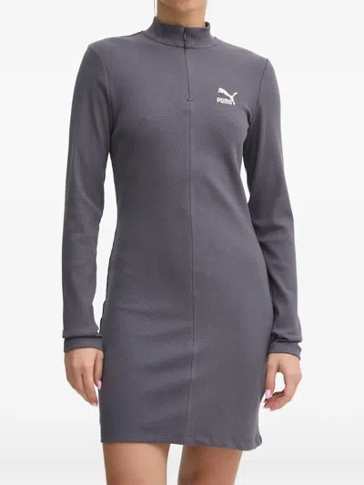 Puma Ribbed-knit Long-sleeve Mini Dress In Grey