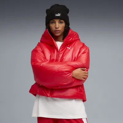 Puma Shiny Hooded Padded Jacket Women In Red