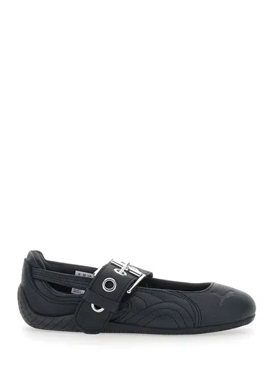 Puma Speedcat Black Leather Ballet Flats With Adjustable Buckle Strap In Blue