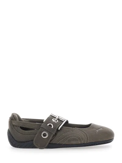 Puma Speedcat Leather Ballet Flats With Adjustable Buckle Strap And Front Logo In Gray