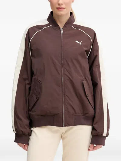 Puma T7 Logo-embroidered Panelled Jacket In Brown