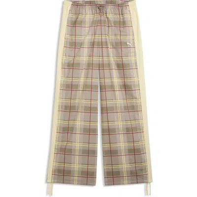 Puma T7 Relaxed Tartan Woven Pants In Brown