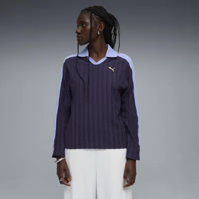 Puma T7 Women's Relaxed Long Sleeve Polo Shirt In Purple