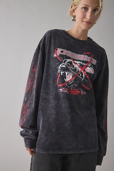 Puma Tech Graphic Washed Oversized Long Sleeve Tee In Black, Women's At Urban Outfitters In Gray