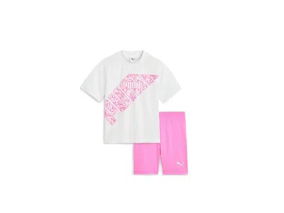 Puma T-shirt Bike Shorts Set (big Kid) Girl's Active Sets White/pink: Md (10-12 Big Kids) In Multi