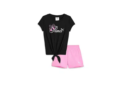 Puma T-shirt Fleece Shorts Set (little Kid) Girl's Active Sets Black/neon Pink: 6 Little Kids In Multi
