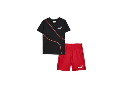 Puma T-shirt Mesh Short Set (little Kid/big Kid) Boy's Sets  Black : 7 Big Kids, Mesh/polyester In Multi