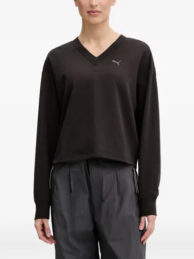 Puma V-neck Logo-embroidered Sweater In Black