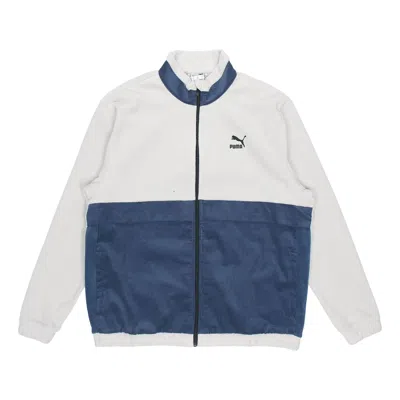 Puma Winter Retro Polar Fleece Splicing Stand Collar Logo Jacket Light Grey In White