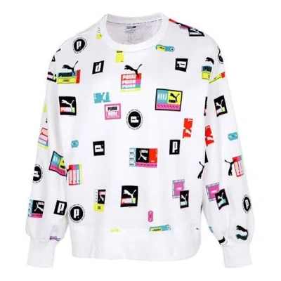 Puma (wmns)  Full Print Logo Loose Round Neck Pullover Hoodie White
