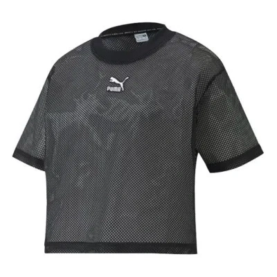 Puma (wmns)  Round Neck Casual Mesh Short Sleeve Black In Gray