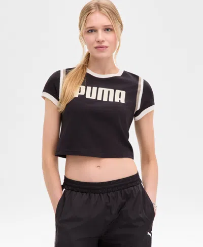 Puma Women's Cotton Logo Contrast-trim Cropped T-shirt In Black