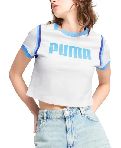 Puma Women's Cotton Logo Contrast-trim Cropped T-shirt In  White,aquatic