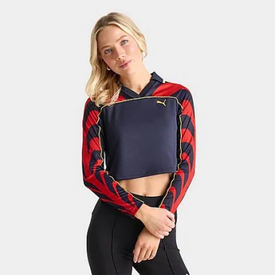 Puma Women's Crop Long-sleeve Football Jersey Shirt In Ruby Red/navy Blue/golden Rod