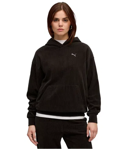 Puma Women's Elevated Comfort Velour Long-sleeve Hoodie In Black