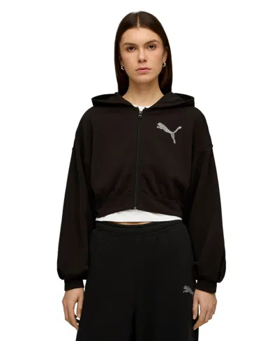 Puma Essentials Bedazzled Rhinestone Embellished Cropped Graphic Hoodie In Black