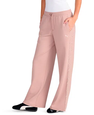 Puma Women's Lace Detail Wide Leg Mid Rise Pants In Pink