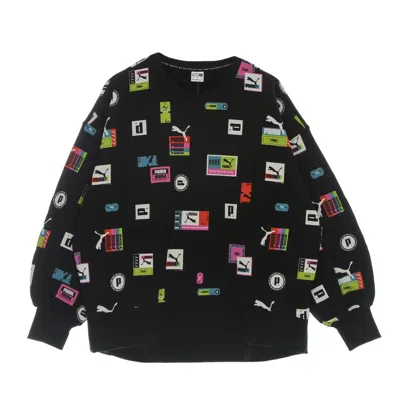 Puma Women's Lightweight Crewneck Sweatshirt Brand Love Oversized All Over Print Crew Black