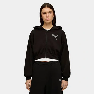 Puma Essentials Bedazzled Rhinestone Embellished Cropped Graphic Hoodie In Black