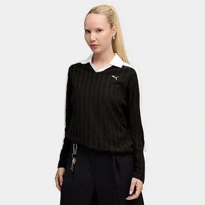 Puma Women's  T7 Relaxed Long-sleeve Polo T-shirt In Black