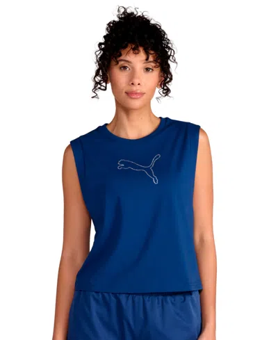 Puma Women's Rhinestone Cat Logo Relaxed Crewneck Tank Top In Blue