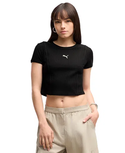 Puma Women's Ribbed Cropped Crewneck T-shirt In Black