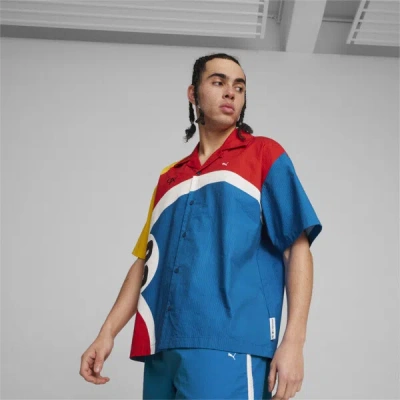 Puma X Bmw M Motorsport Calder Men's Motorsport Woven Shirt In Pop Red-aop