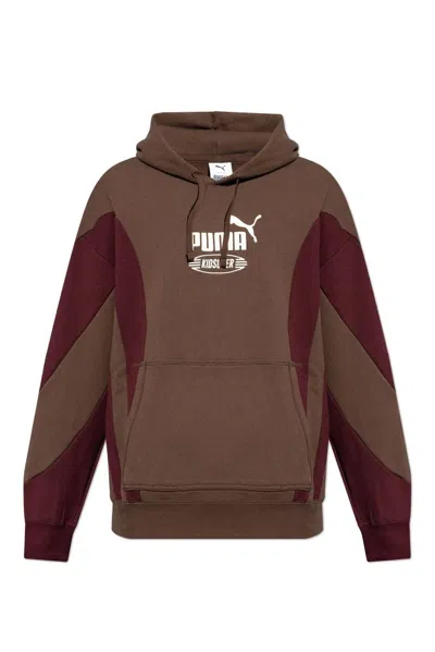 Puma Panelled Logo-print Hoodie In Brown