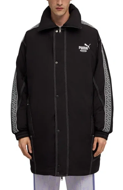 Puma X Kidsuper Long Hooded Nylon Puffern Jacket In Black