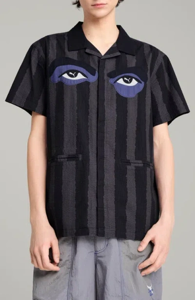 Puma X Kidsuper Stripe Cotton Seersucker Camp Shirt In New Navy