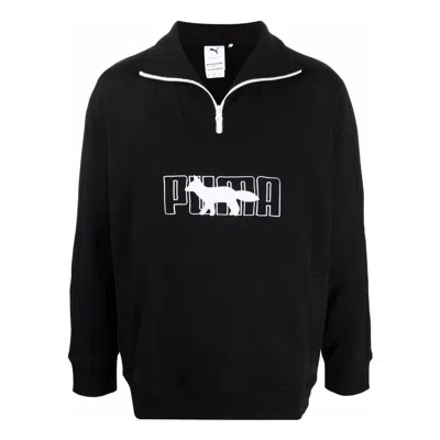Puma X Maison Kitsun Half Zip Sweater 'black White' In Blue