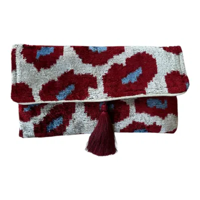 Punica Women's Blue Red Leopard  Velvet Ikat Clutch