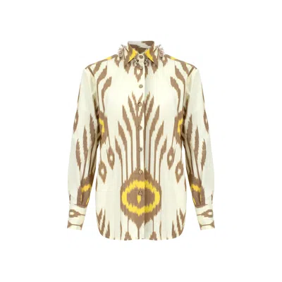 Punicana Women's Brown / Yellow / Orange Chic Shirt In Ecru-brown-yellow Ethnic Cotton Ikat In Brown/yellow/orange
